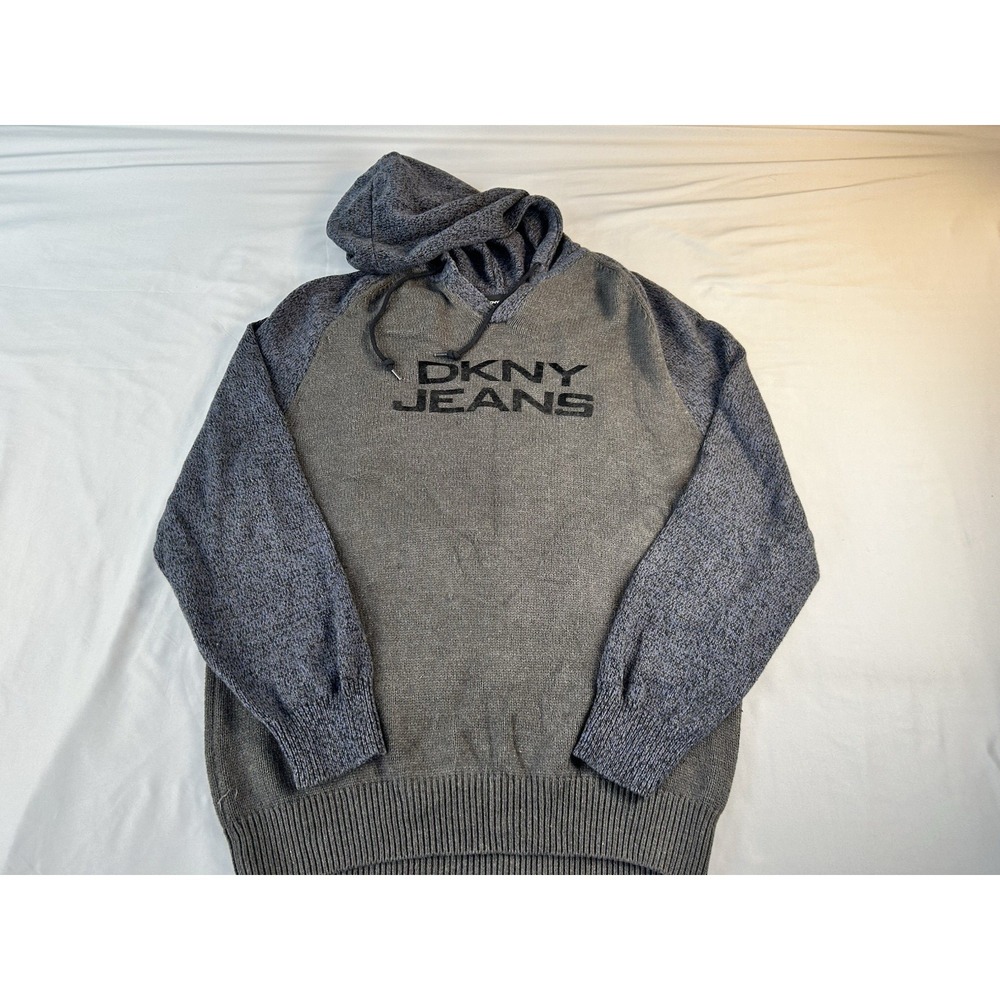 DKNY Jeans Hoodie Sweater Mens XL Gray Logo Pullover Knit‎ Hooded